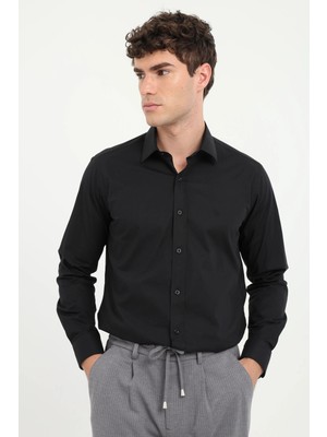 Dufy Erkek Slim Fit Uzun Kol Siyah Gömlek