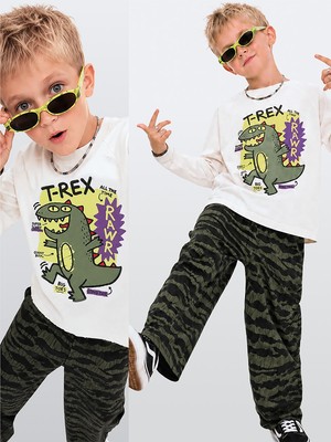 Denokids Erkek Çocuk Takım Dinozor Baskılı %100 Pamuk T-Shirt ve Pantolon (3-8 Yaş)