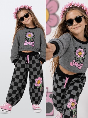 Denokids Kız Çocuk Eşofman Takım Crop Sweatshirt - Damalı Bol Eşofman Altı Oversize Kışlık (4-10 Yaş)