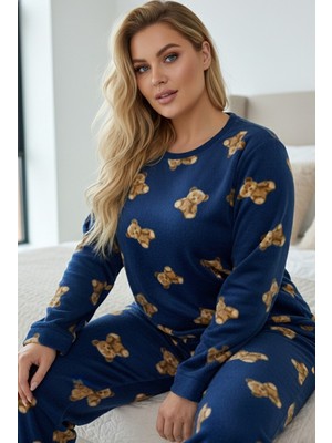 Siyah İnci Mavi Ayıcık Desenli Büyük Beden Polar Kışlık Örme Pijama Takım