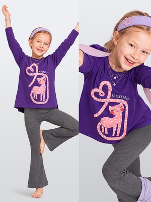 Denokids Kız Çocuk Ikili Takım Mor Kedi %100 Pamuk Tişört & Ispanyol Paça Tayt (3-8 Yaş)
