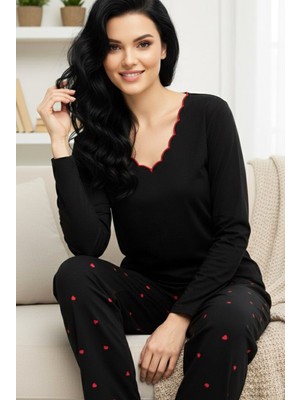 Siyah İnci Siyah Kalp Desenli Örme Pamuklu Pijama Takım 25240243