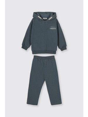 Panço Erkek Bebek Kapüşonlu Fermuarlı Sweatshirt Beli Lastikli Petrol 2'li Eşofman Takımı