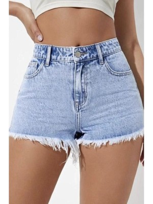 SEVENLINE Kadın Yüksek Bel Püsküllü Denim Kot Şort Mavi S/36