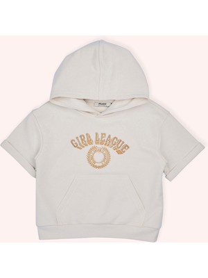 Panço Kız Çocuk Kapüşonlu Kısa Kollu Ön Bedeni Simli Nakışlı Cepli Bej Sweatshirt