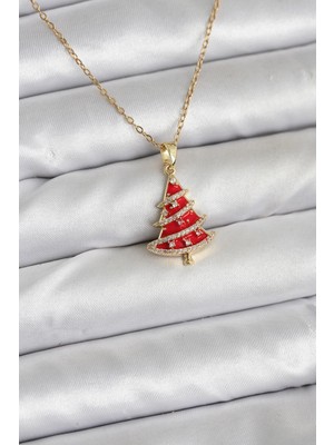 TeknoKapsül 316L Çelik Zincir Gold Renk Kırmızı Çam Ağacı Model Yılbaşı Temalı Kadın Kolye