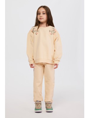 Panço Kız Çocuk Nakış Detaylı Bej Sweatshirt