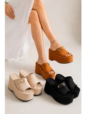 Dabab Shoes Lunara Kadın 3'lü Paket Tokalı 10 cm Platform Topuklu Kalın Taban Terlik Sandalet | Taba - Bej - Siyah