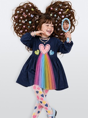 Denokids Kız Çocuk Kalp Aplikeli Tüllü Pamuklu Elbise – Lacivert Uzun Kollu Rahat Şık Tasarım (2-8 Yaş)