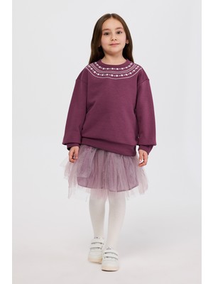 Panço Kız Çocuk Nakışlı Mürdüm Sweatshirt