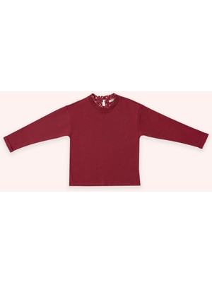 Panço Kız Çocuk Yakası Fırfır Detaylı Bordo Sweatshirt