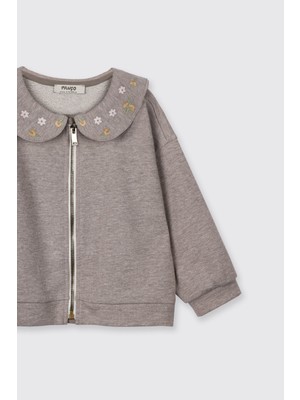 Panço Kız Bebek Yakası Nakış Detaylı Fermuarlı Kahve Sweatshirt