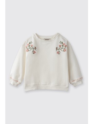 Panço Kız Bebek Nakış Detaylı Yumuşak Dokulu Ekru Sweatshirt