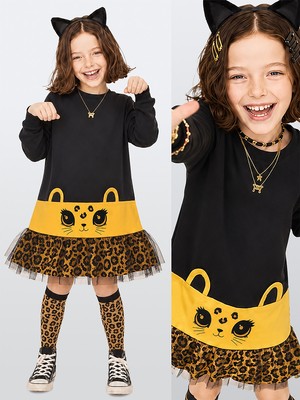 Denokids Kız Çocuk Leopar Aplikeli Tüllü Pamuklu Elbise – Siyah Uzun Kollu Rahat Şık Tasarım (3-8 Yaş)