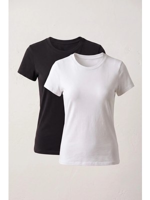 elemge 2'li Paket Pamuklu Vücuda Oturan Magic Fit Kadın Stretch T-Shirt Compact Penye Kısa Kol Esnek Basic Tişört Elastan Siyah Beyaz Body