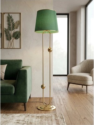 Venüs Nova Sceptrum Gold Metal Lambader | Yeşil Gold Şerit Kumaş Başlık Salon Lambası | Ayaklı Aydınlatma