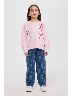 Panço Kız Çocuk Nakışlı Pembe Sweatshirt