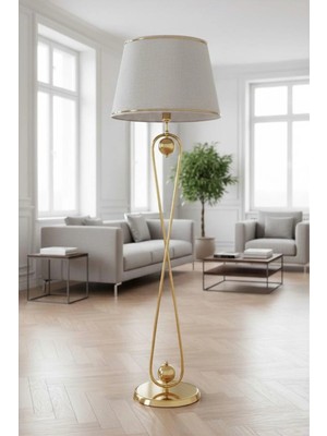 Venüs Nova Venüs Sirius | Modern Gold Metal Lambader| Açık Gri Gold Şerit Kumaş Başlık | Ayaklı Aydınlatma