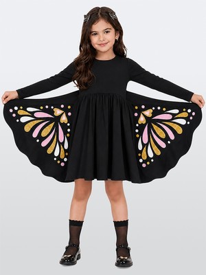 Denokids Kız Çocuk Kelebek Kanatlı Pamuklu Elbise – Siyah Uzun Kollu Rahat Eğlenceli Tasarım (3-8 Yaş)