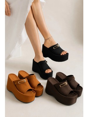 Dabab Shoes Lunara Kadın 3'lü Paket Tokalı 10 cm Platform Topuklu Kalın Taban Terlik Sandalet | Taba - Kahve - Siyah