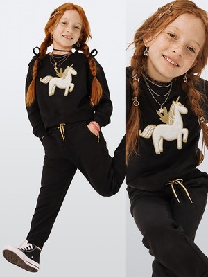 Denokids Kız Çocuk Peluş Unicorn %100 Panuk Kalın Siyah Eşofman Takım – Eğlenceli Tasarım (3-8 Yaş)