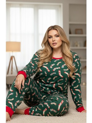 Siyah İnci Yeşil Desenli Curve Büyük Beden Battal Boy Pamuklu Pijama TAKIM25240764