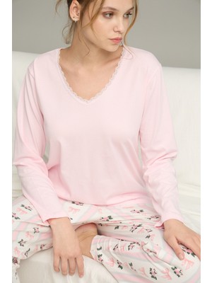 Siyah İnci Pembe Kurdele Desenli Örme Pamuklu Pijama TAKIM25240259