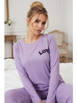 Siyah İnci Lila Love Nakışlı Fitilli Örme Pijama TAKIM25226001