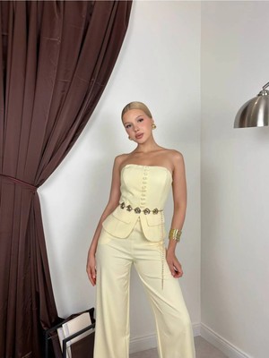 Zf Butik Premium Straplez Düğme Detaylı Peplum Bluz Geniş Paça Pantolon Takım