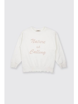 Panço Kız Çocuk Nakış Detaylı Ekru Sweatshirt