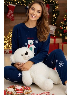 Siyah İnci Lacivert Kar Tanesi Desenli Ayıcık Nakışlı Fitilli Polar Kışlık Örme Pijama Takım