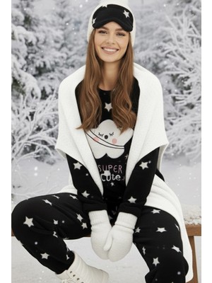 Siyah İnci Siyah Yıldız Desenli Nakışlı Polar Kışlık Örme Pijama Takım