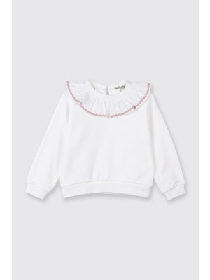 Panço Kız Bebek Fırfır Yaka Detaylı Su Taşı Detaylı Beyaz Sweatshirt