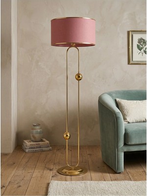 Venüs Nova Sceptrum Gold Metal Lambader | Pembe Gold Şerit Kumaş Başlık Salon Lambası | Ayaklı Aydınlatma