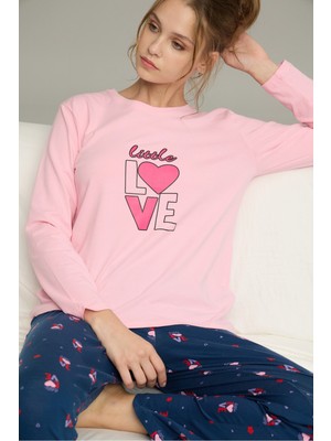 Siyah İnci Pembe Kalp Desenli Örme Pamuklu Pijama TAKIM25240224