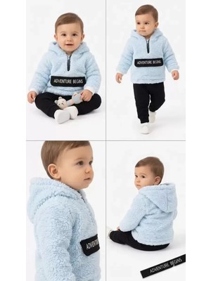 Usm 6/24 Ay Kapşonlu Kuzu Kumaş Bebek Takımı 12/18 Ay Mavi
