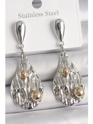 Renas Store Pirinç Gümüş Renk Sallantı Damla Model Gold Topçuk Detay Kadın Küpe