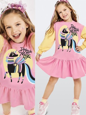 Denokids Kız Çocuk Unicorn Baskılı Pamuklu Elbise – Pembe Renkli Kollu Rahat ve Eğlenceli Tasarım (3-8 Yaş)