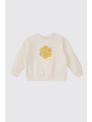 Panço Liberty Kumaş Kız Bebek Aplikeli Ekru Sweatshirt