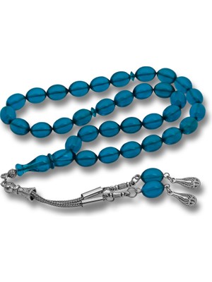 Fm 💎 Premium Parlak Eskitmeli Metal Püsküllü Mavi Sıkma Kehribar Tesbih