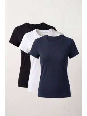 elemge 3'lü Paket %95Pamuk %5Likra Kadın Vücuda Oturan Magic Fit Stretch T-Shirt Compact Penye Kısa Kol Esnek Basic Tişört Elastan Siyah Beyaz Lacivert Body