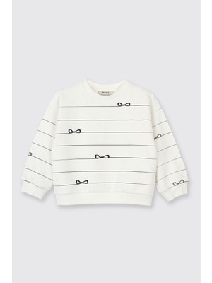 Panço Kız Bebek Fiyonk Desenli Ekru Sweatshirt