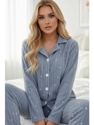 Siyah İnci Mavi Desenli Düğmeli Polar Kışlık Örme Pijama Takım