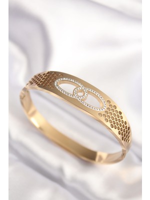 Renas Store 316L Çelik Gold Renk Zirkon Taşlı Kadın Kelepçe Bilezik 5886