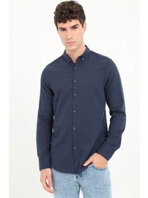 Dufy Erkek Slim Fit Uzun Kol Lacivert Gömlek