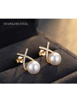 Stainless Steel 316L Çelik Gold Renk Modern Tasarım Inci Detaylı Antialerjik Küpe