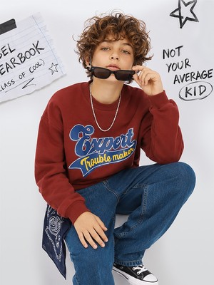 Denokids Erkek Çocuk Oversize Bordo Sweatshirt – Kolej Okul Tarzı (6-11 Yaş)