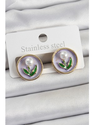 Renas Store Pirinç Mor Mineli Lale Figürlü Sanatsal Portre Model Gold Renk Kadın Küpe 5886