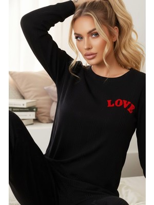 Siyah İnci Siyah Love Nakışlı Fitilli Örme Pijama TAKIM25226001