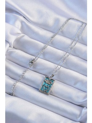 TeknoKapsül 316L Çelik Zincir Gümüş Renk Zirkon Taşlı Mavi Mermer Desenli Taç Model Tarot Kolye